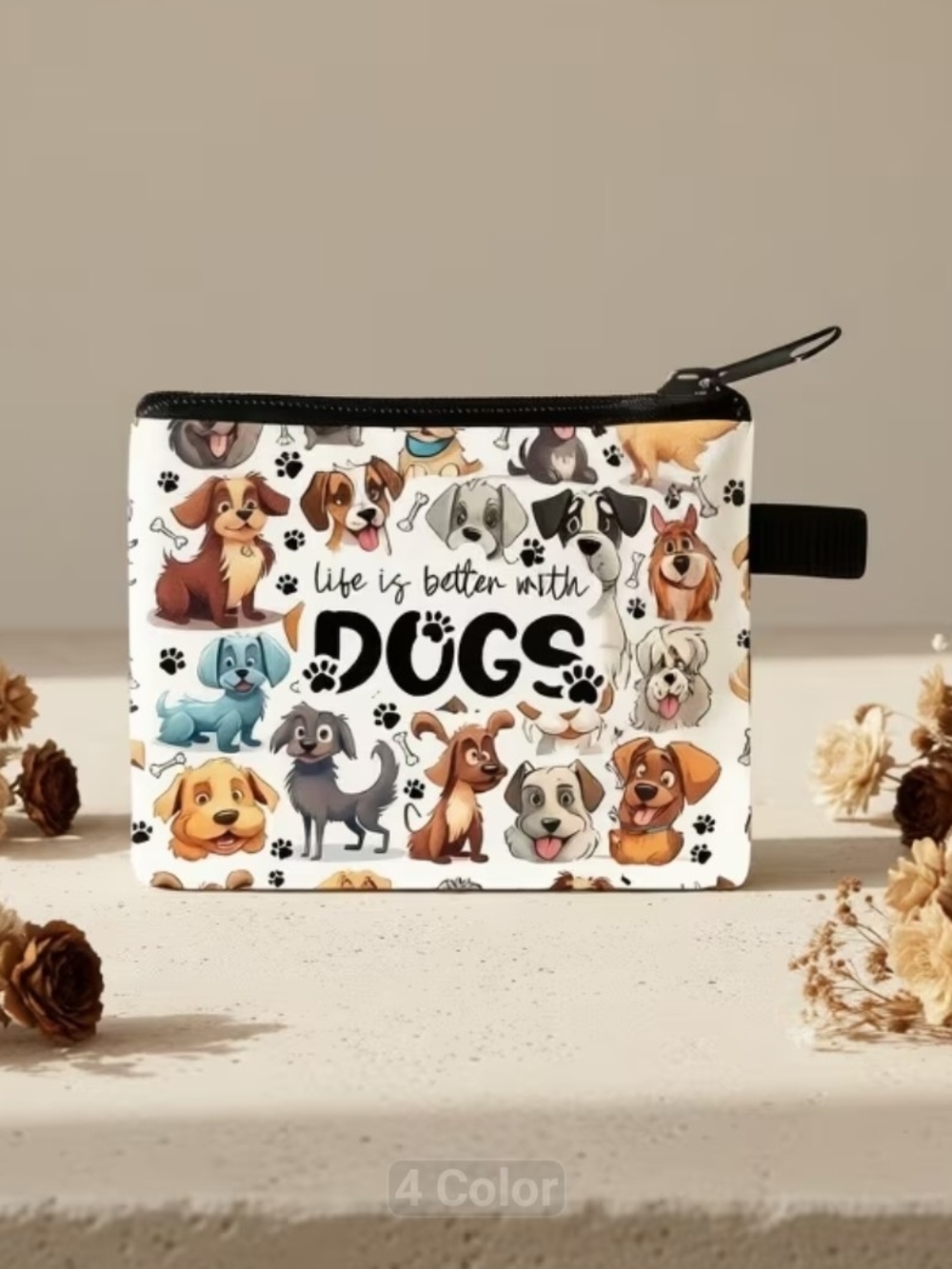 Life Is Better With Dogs Zipper Pouch - White with Multi-Color Dog Prints